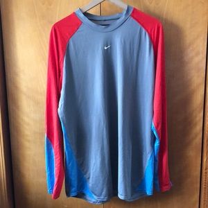Vintage Nike Dri Fit Center Swoosh Gray Red Blue Long Sleeve Shirt Size XL